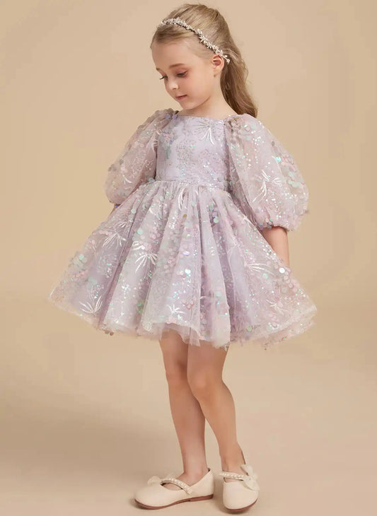 Iridescent A-Line Square Neck Puff Sleeve Bow Back Mini Flower Girl Dress