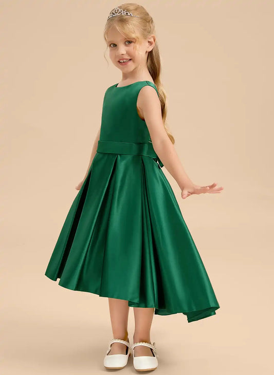 Elegant A-line Boat Neck Sleeveless Cutout Bow Back Hi-Lo Flower Girl Dress