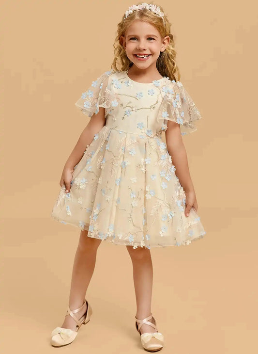 Elegant A Line Round Neck Flutter Sleeve Zip Back Knee Length Flower Girl Dress