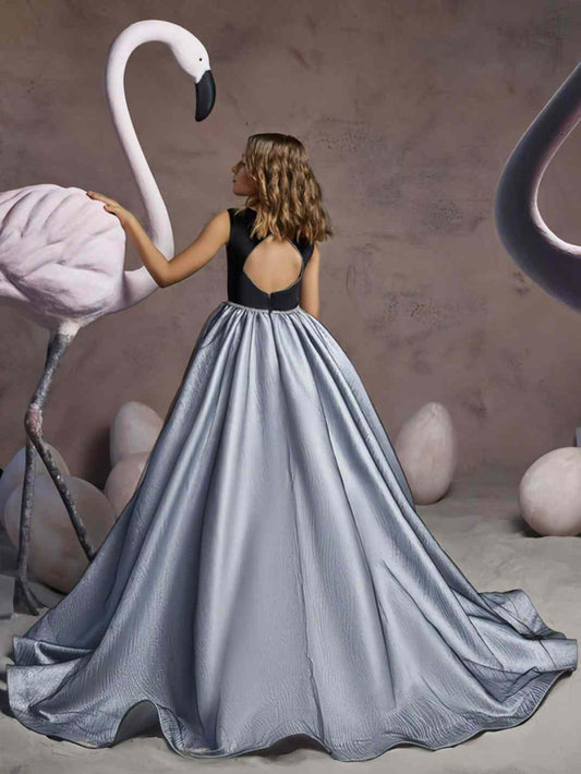 Luxury Ballgown Round Neck Sleeveless Heart Cutout Back Train Length Pageant Flower Girl Dress
