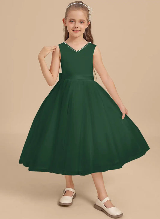 Elegant A Line V Neck Sleeveless Open Back Midi First Communion Dress