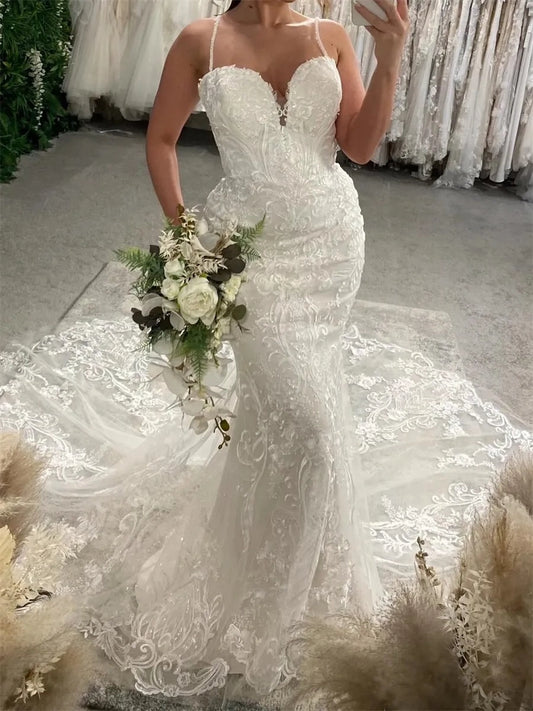 Elegant Mermaid Plunging V Neck Spaghetti Straps Illusion Back Cathedral Wedding Dress