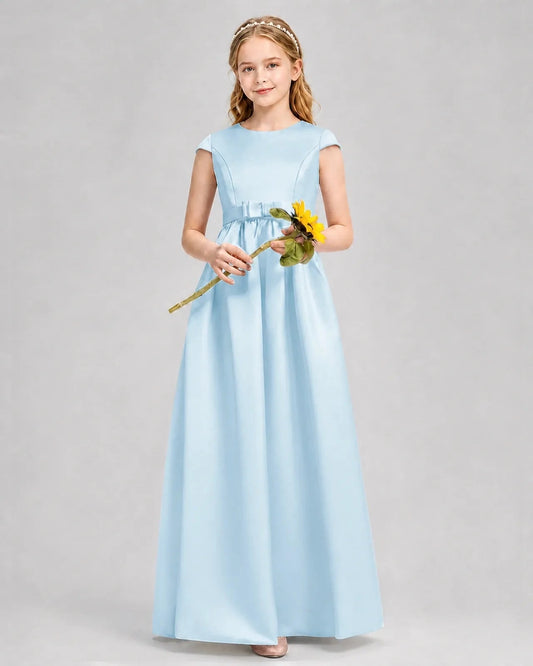 Elegant A Line Round Neck Cap Sleeve V Back Floor Length Flower Girl Dress