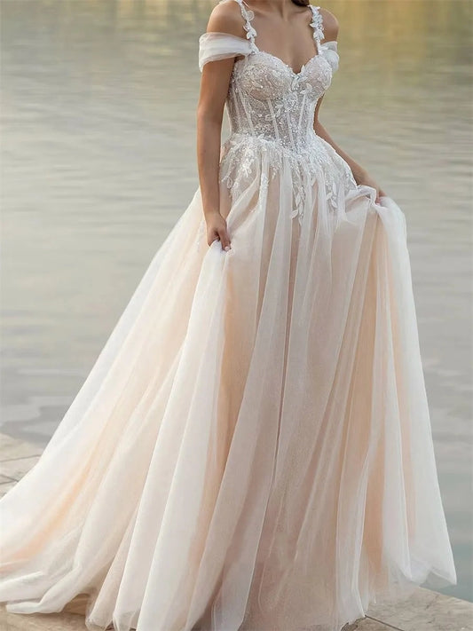 Romantic A-Line Sweetheart Off-Shoulder Corset Back Floor-Length Wedding Dress