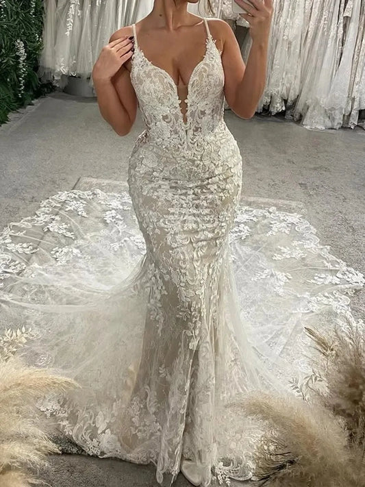 Romantic Mermaid V Neck Sleeveless Low Back Cathedral Train Wedding Dress