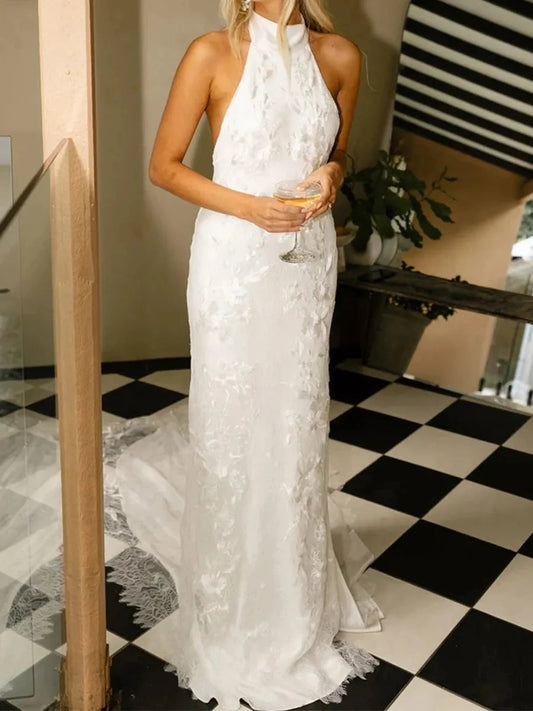 Elegant Sheath Halter Neck Sleeveless V Back Floor Length Wedding Dress