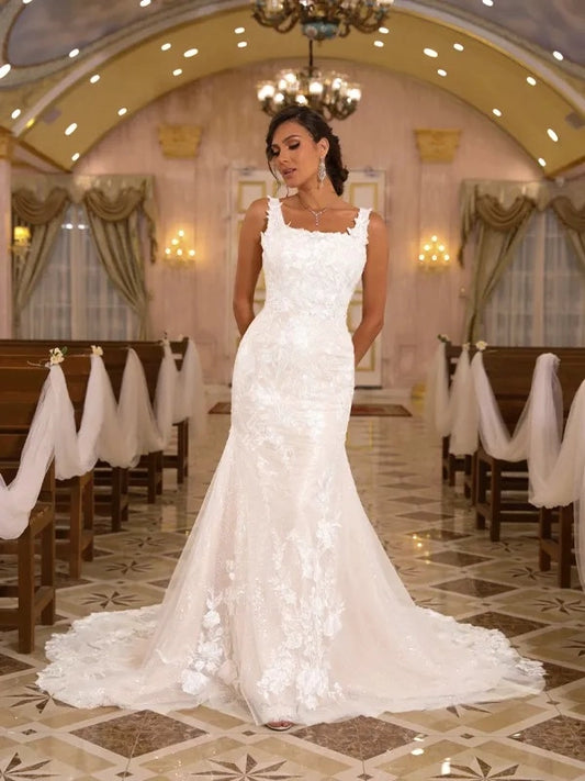 Romantic Mermaid Square Neck Sleeveless V Back Train Wedding Dress