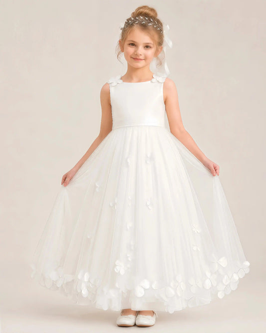 Elegant A-Line Round Neck Sleeveless V-Back Bow Maxi Flower Girl Dress