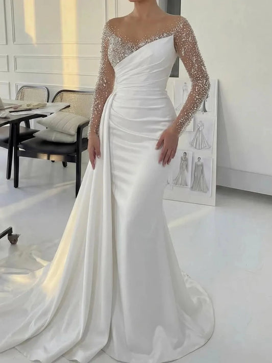 Elegant Mermaid Illusion Neckline Beaded Long Sleeve Fitted Back Train Wedding Dress