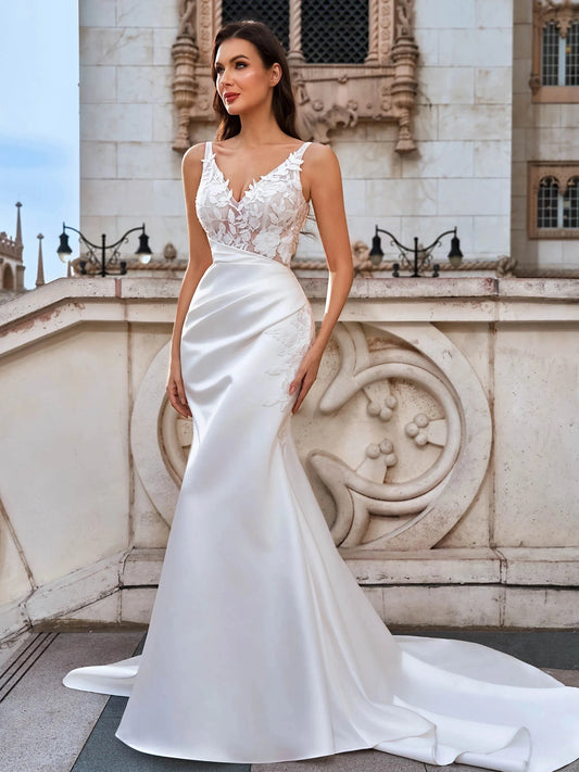 Elegant Mermaid V Neck Sleeveless V Back Floor Length Wedding Dress