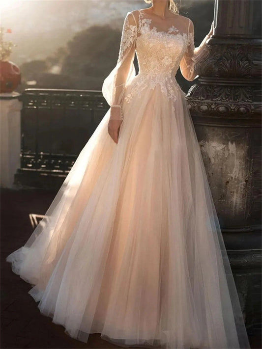 Romantic A-Line Illusion Neck Long Sleeve Button Back Wedding Dress
