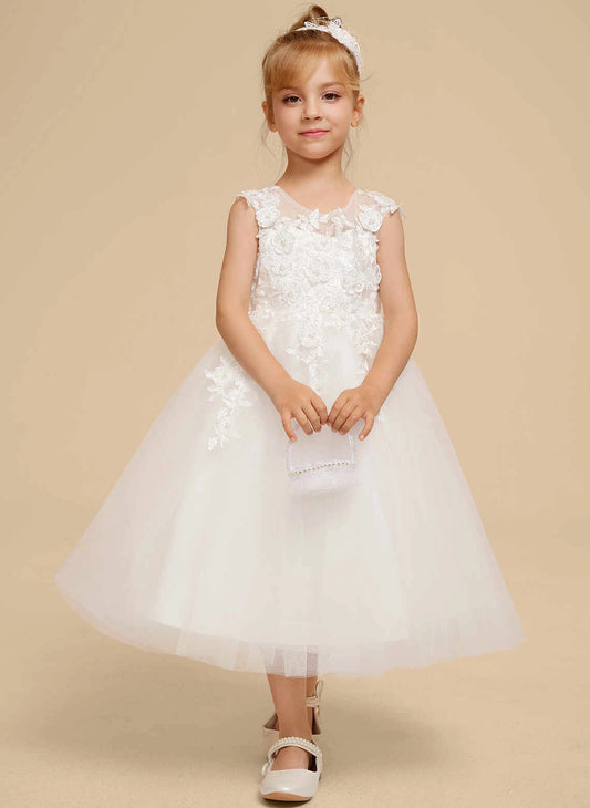 White A Line Illusion Neck Sleeveless V Back Midi First Communion Dress