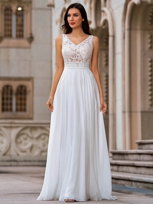 Elegant A-Line V-Neck Sleeveless Deep-V-Back Floor-Length Wedding Dress