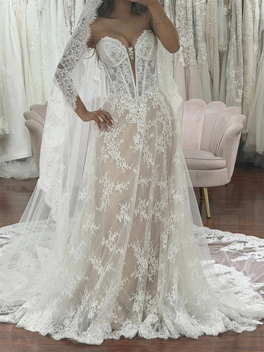 Romantic Mermaid Sweetheart Detachable Cape Sleeves Corset Back Floor Length Wedding Dress