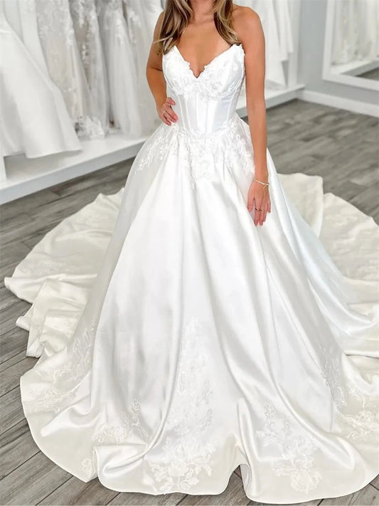 Elegant A Line V Neck Sleeveless Button Back Train Wedding Dress