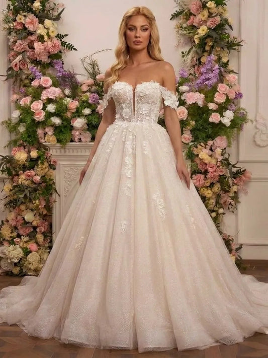 Romantic Ball Gown Sweetheart Off Shoulder Low Back Floor Length Wedding Dress