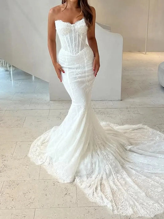 Romantic Mermaid Sweetheart Sleeveless Corset Back Floor Length Wedding Dress