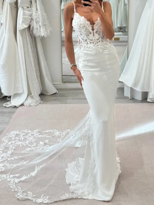 Elegant Mermaid V Neck Sleeveless Deep V Back Floor Length Wedding Dress