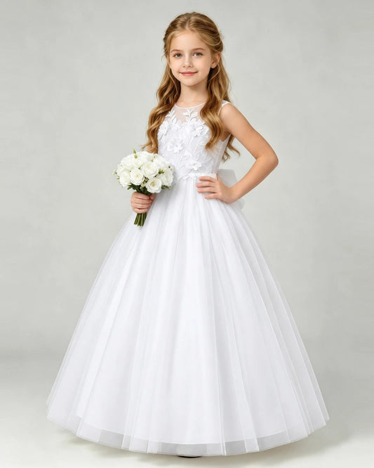 Elegant A-Line Illusion Neck Sleeveless Bow Back Floor Length Flower Girl Dress