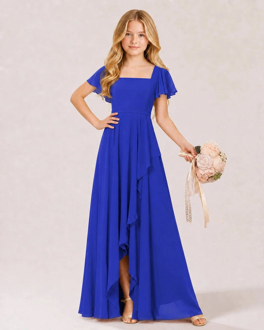 Elegant A Line Square Neck Flutter Sleeve Tie Back Maxi Dress