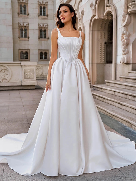 Elegant Ball Gown Square Neck Sleeveless Low Back Floor Length Wedding Dress