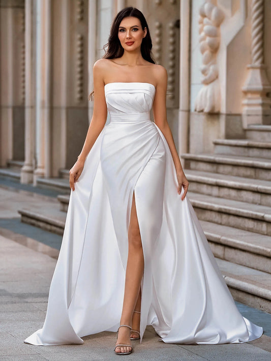 Elegant A-Line Strapless Sleeveless Zipper Back Floor Length Wedding Dress