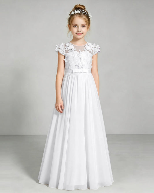 Elegant A Line Round Neck Cap Sleeve Button Back Floor Length Flower Girl Dress