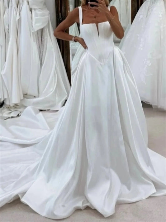 Elegant A-Line Square Neck Sleeveless Button Back Floor Length Wedding Dress