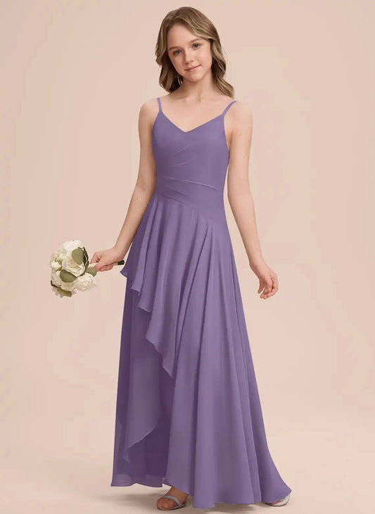 Elegant A-Line V Neck Sleeveless V Back Floor-Length Junior Bridesmaid Dress
