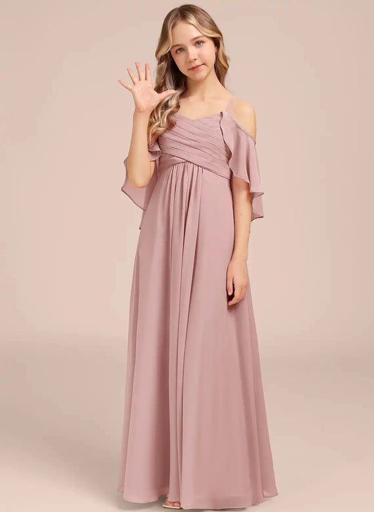 Flowy A-Line OFlowy A-Line Off Shoulder Spaghetti Strap Flutter Sleeve Zipper Back Maxi Junior Bridesmaid Dressff Shoulder Spaghetti Strap Flutter Sleeve Zipper Back Maxi Junior Bridesmaid Dress