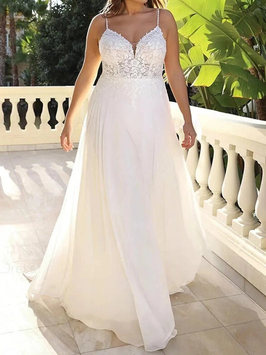 Romantic A Line V Neck Sleeveless Strappy Back Floor Length Wedding Dress