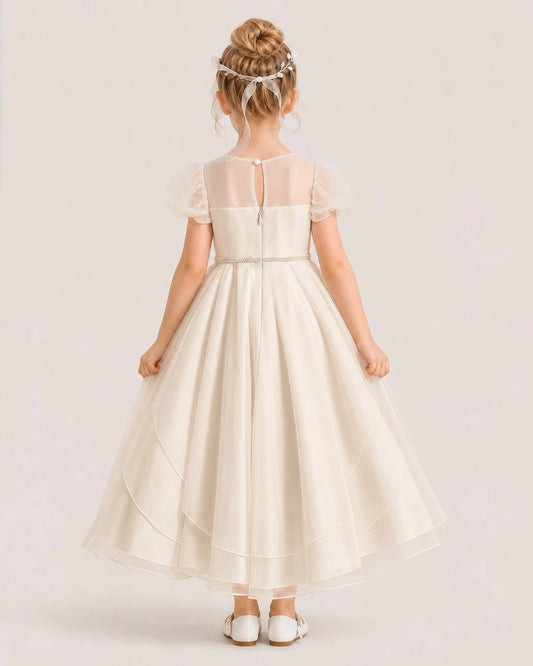 Elegant A-Line Round Neck Puff Sleeve Keyhole Back Ankle-Length Flower Girl Dress