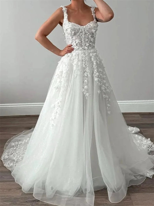 Romantic A-Line Square Neck Sleeveless Low Back Floor-Length Wedding Dress