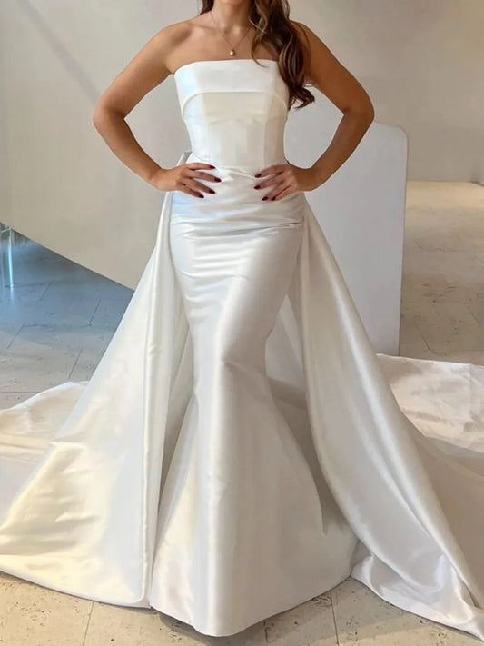 Elegant Mermaid Straight Strapless Button Back Floor Length Wedding Dress