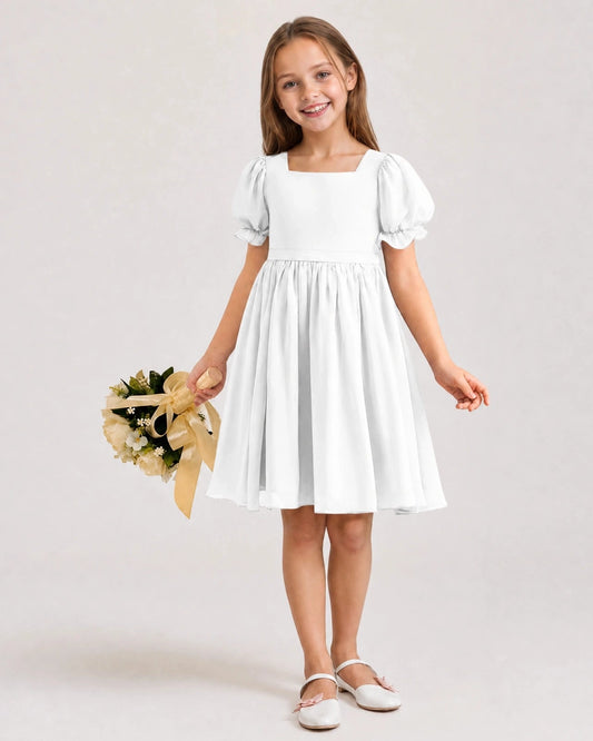 Elegant A-Line Square Neck Puff Sleeve Classic Back Knee-Length Flower Girl Dress