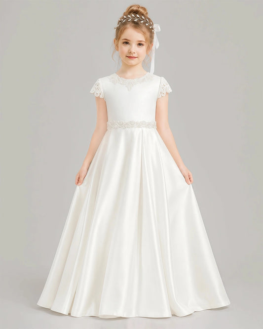 Elegant A-Line Round Neck Lace Sleeves Closed Back Floor-Length Communion Dress