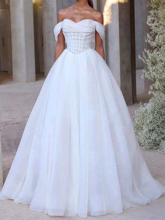 Elegant Ball Gown Sweetheart Off Shoulder Button Back Floor Length Wedding Dress
