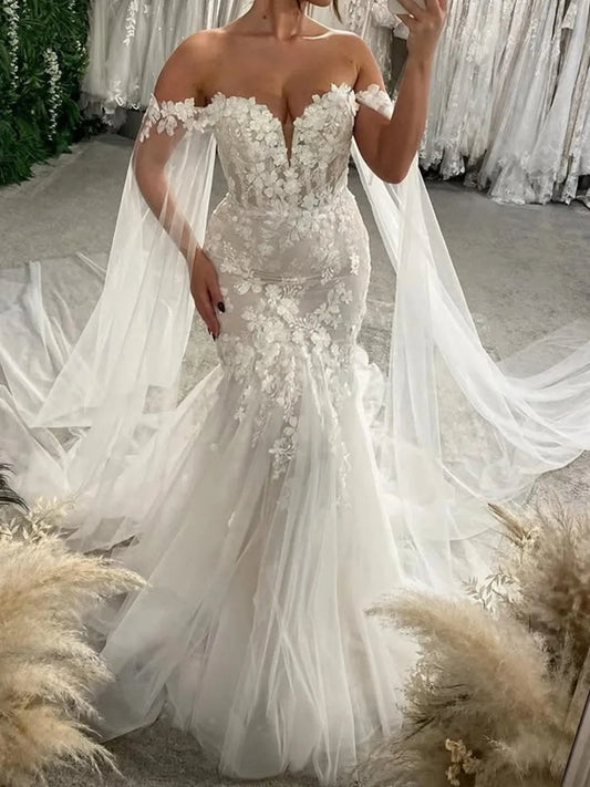 Romantic Mermaid Sweetheart Off Shoulder Corset Back Floor Length Wedding Dress