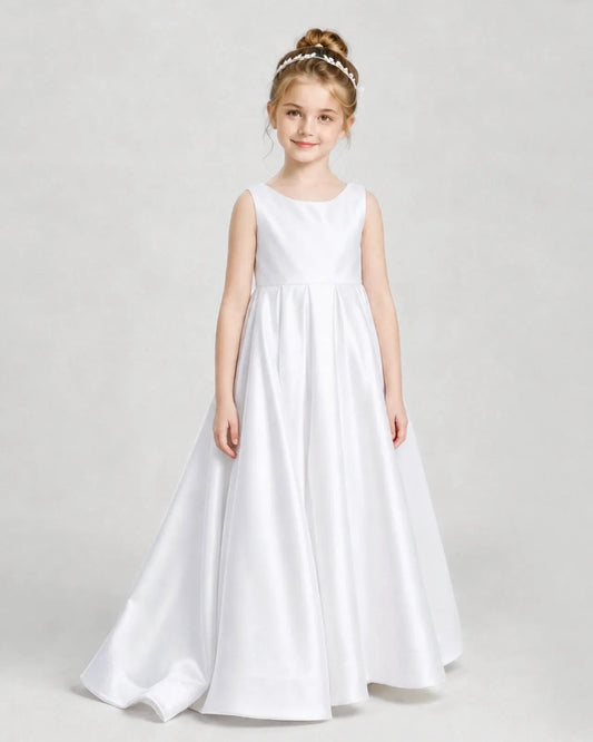 Elegant A-Line Round Neck Sleeveless Bow Back Floor-Length Flower Girl Dress