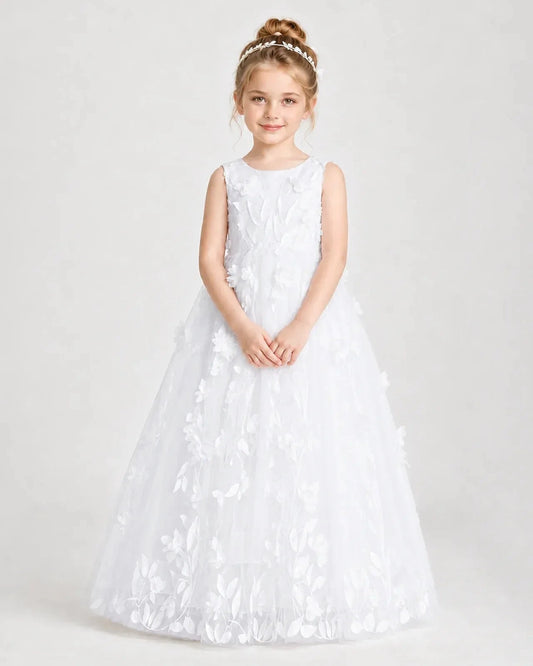 Elegant A-Line Round Neck Sleeveless V-Back Floor-Length Flower Girl Dress