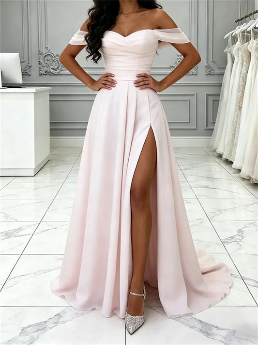 Elegant A-Line Sweetheart Off-Shoulder Fitted-Back Floor-Length Dress for Prom