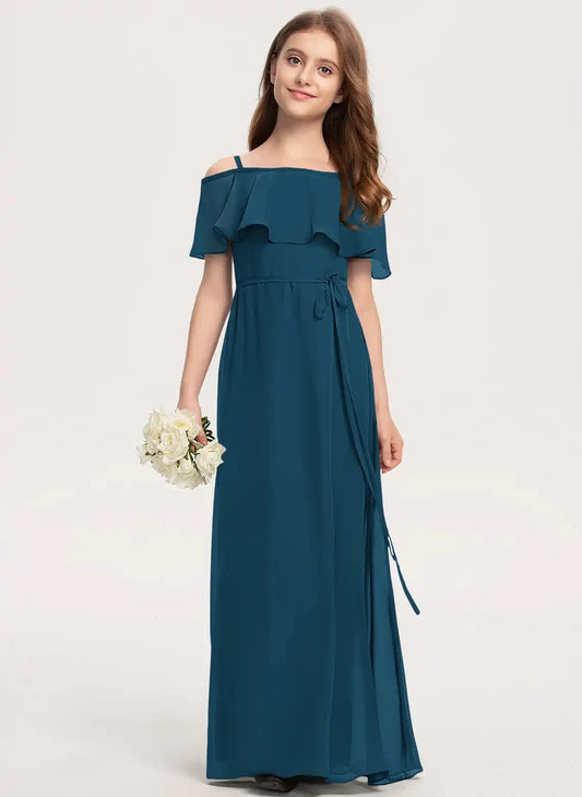 Elegant A-Line Off Shoulder Flutter Sleeve Zipper Back Maxi Junior Bridesmaid Dress