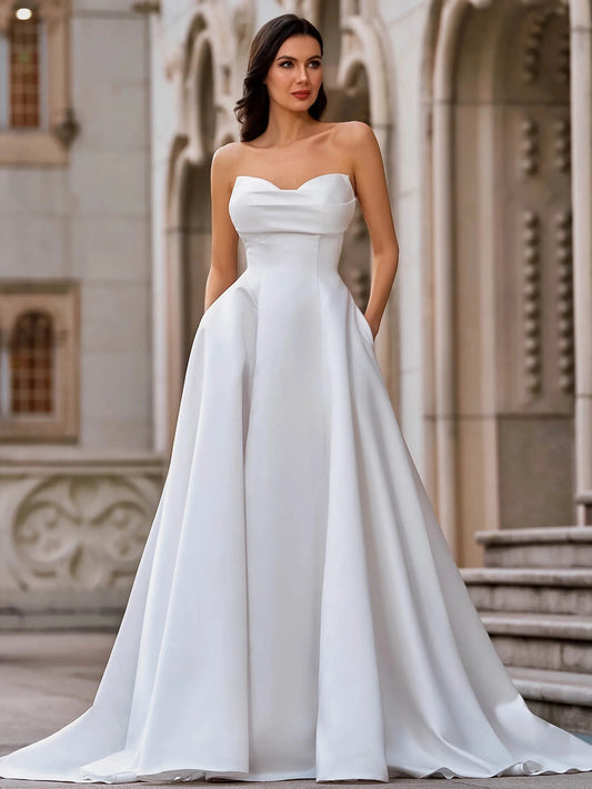 Elegant A-Line Sweetheart Strapless Button Back Floor Length Wedding Dress