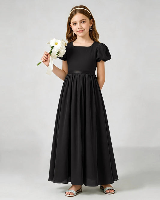 Elegant A Line Square Neck Puff Sleeve Bow Back Maxi Flower Girl Dress