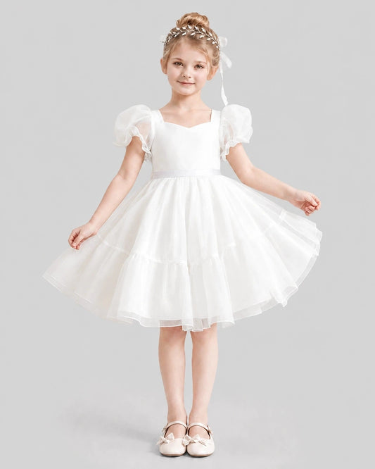 Elegant A-Line Sweetheart Puff Sleeve Heart Back Knee-Length Flower Girl Dress
