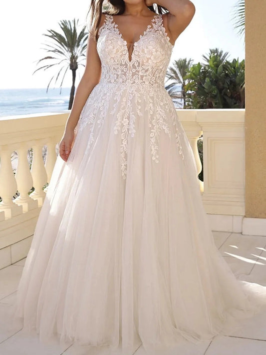 Romantic A Line V Neck Sleeveless V Back Floor Length Wedding Dress