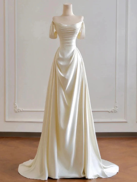 Elegant A Line Off Shoulder Short Sleeve Closed Back Floor Length Wedding Dress