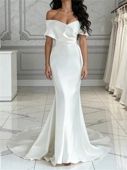 Elegant Mermaid Sweetheart Off Shoulder Zipper Back Train Wedding Dress