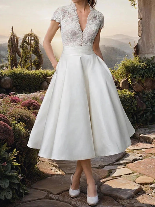 Elegant A-Line V-Neck Cap-Sleeve Button-Back Tea-Length Wedding Dress