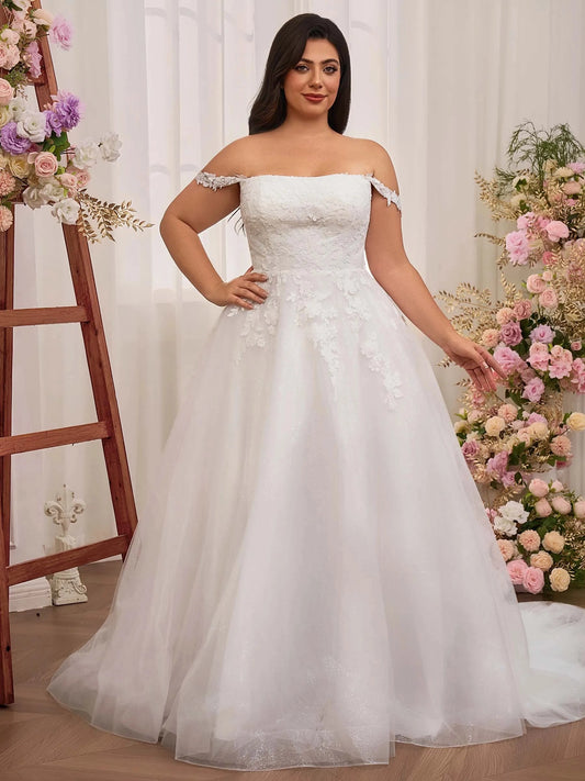 Romantic A-Line Off Shoulder Sleeveless Lace-Up Floor Length Wedding Dress